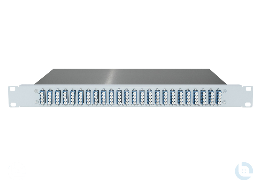 Spleissbox 19", 1HE, ALU, fest RAL7035 LC/PC-Quad E9/125 OS2 G652.D kompl. bestückt