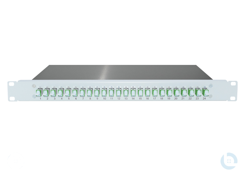 Spleissbox 19", 1HE, ALU, fest RAL7035 E2000/APC R&M E9/125 OS2 G652.D kompl. bestückt