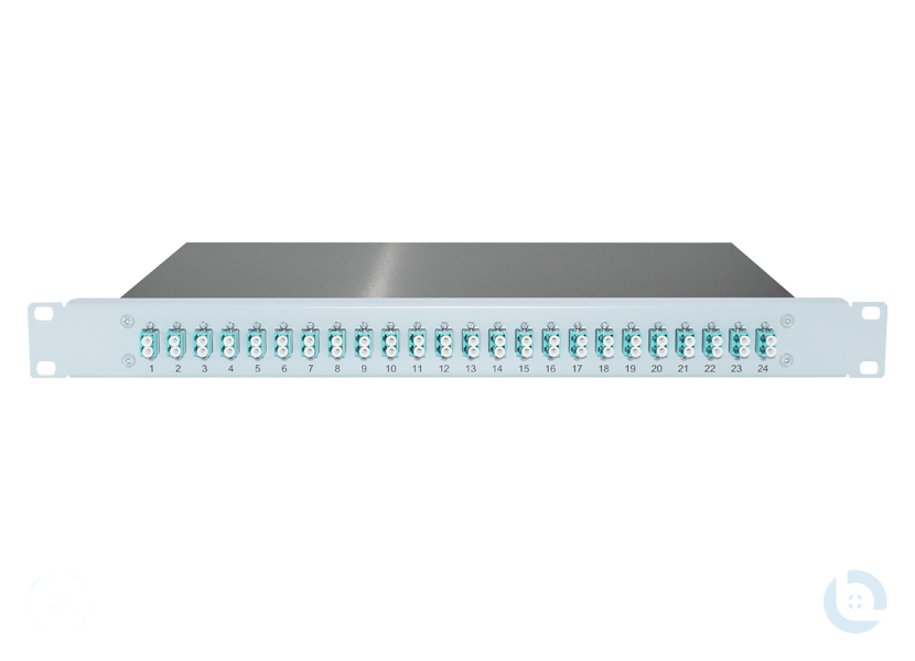 Spleissbox 19", 1HE, ALU, fest RAL7035 LC/PC-Dupl. G50/125 OM3 kompl. bestückt