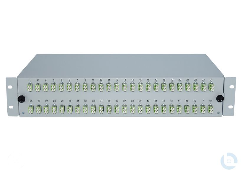 Spleissbox 19", 2HE, STAHL, fest RAL7035 LC/PC-Dupl. G50/125 OM5 kompl. bestückt