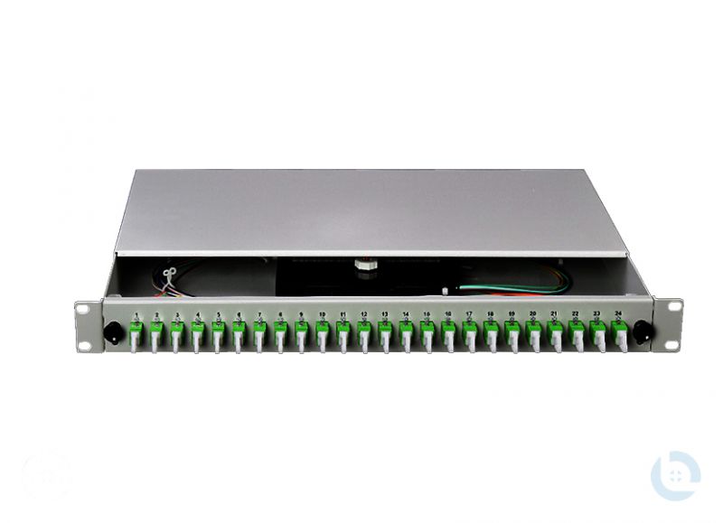 Spleissbox 19", 1HE, STAHL, fest RAL7035 E2000/APC R&M E9/125 OS2 G652.D kompl. bestückt