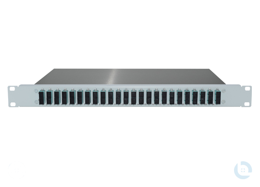 Spleissbox 19", 1HE, ALU, fest RAL7035 SC/PC-Dupl. G50/125 OM3 kompl. bestückt