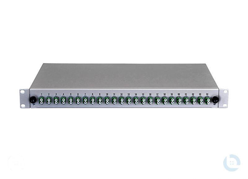 Spleissbox 19", 1HE, STAHL, Schublade RAL7035 LC/APC-Dupl.E9/125 OS2 G652.D kompl. bestückt