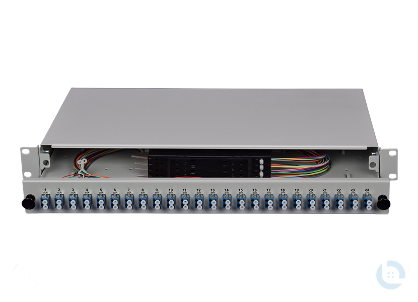 Spleissbox 19", 1HE, STAHL, Schublade RAL7035 LC/PC-Dupl. E9/125 OS2 G652.D kompl. bestückt