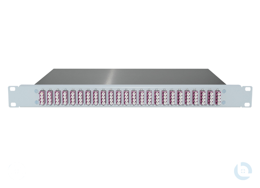 Spleissbox 19", 1HE, ALU, fest RAL7035 LC/PC-Quad G50/125 OM4 kompl. bestückt