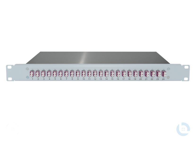 Spleissbox 19", 1HE, ALU, fest RAL7035 LC/PC-Dupl. G50/125 OM4 kompl. bestückt