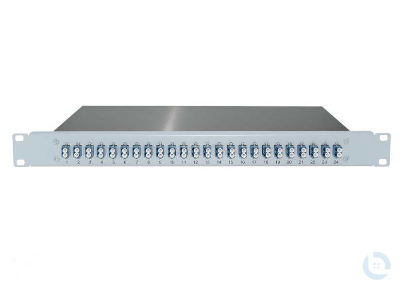 Spleissbox 19", 1HE, ALU, fest RAL7035 LC/PC-Dupl. E9/125 OS2 G652.D kompl. bestückt