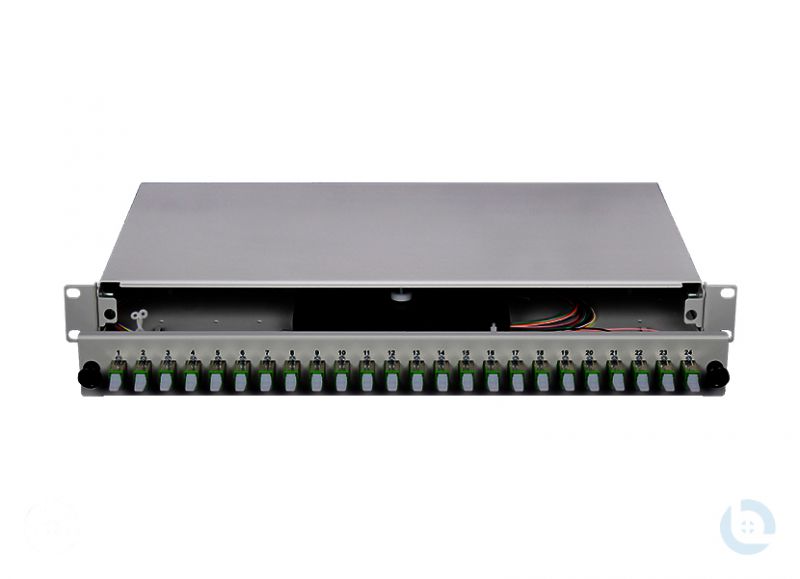 Spleissbox 19", 1HE, STAHL, Schublade RAL7035 E2000/APC R&M E9/125 OS2 G652.D kompl. bestückt