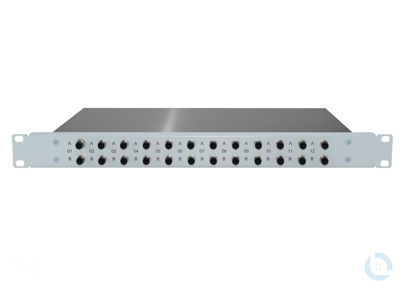 Spleissbox 19", 1HE, ALU, fest RAL7035 ST G50/125 OM4 kompl. bestückt