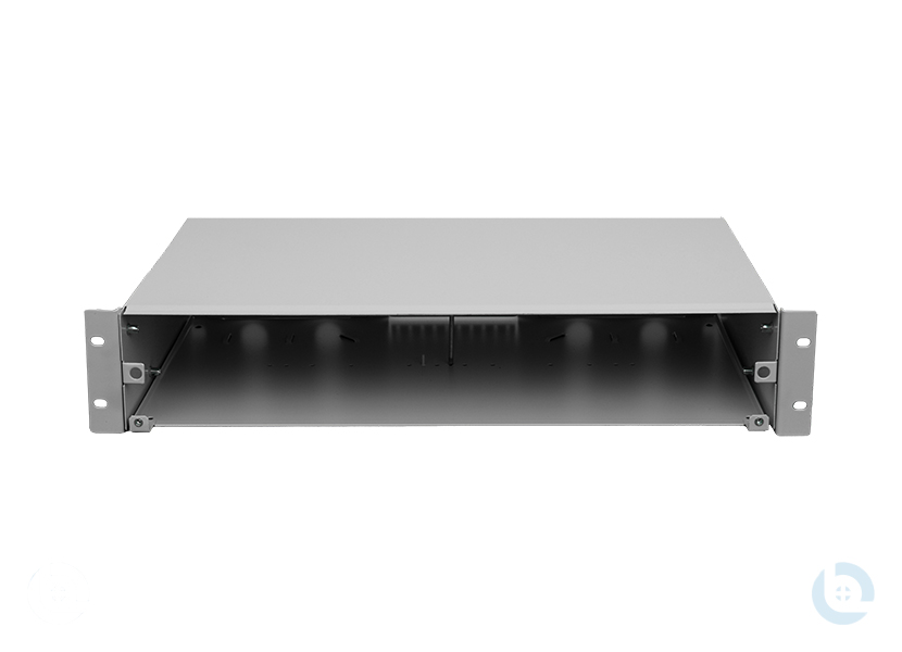Spleissbox, 2HE STAHL, Schublade RAL7035, 483x89x244 mm, rückversetzbar ohne Frontblende