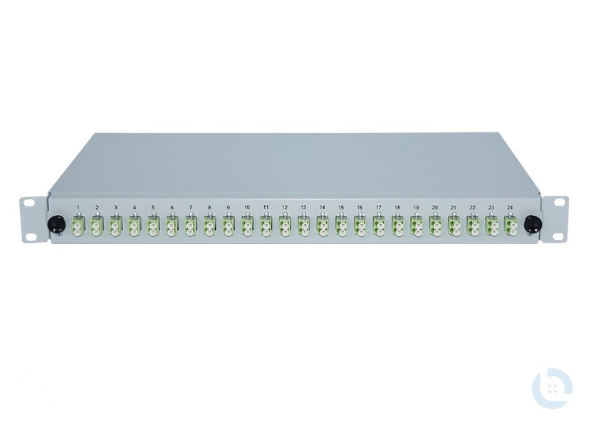 Spleissbox 19", 1HE, STAHL, Schublade RAL7035 LC/PC-Dupl. G50/125 OM5 kompl. bestückt