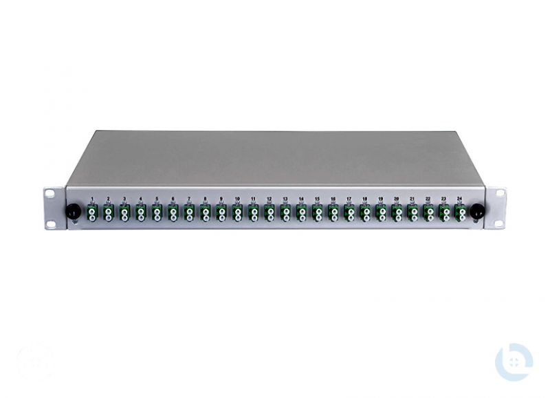 Spleissbox 19", 1HE, STAHL, fest RAL7035 LC/APC-Dupl. E9/125 OS2 G652.D kompl. bestückt